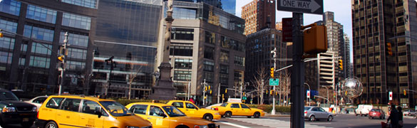 big city banner with tall buildings and yellow taxi cabs in the background