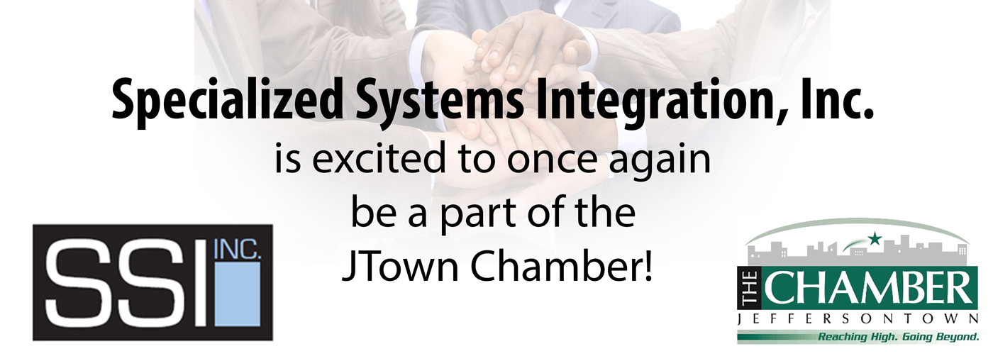 announcement stating that specialized systems integration is part of the jtown chamber with several people stacking hands behind the text and offering IT discounts if you are a JTown Chamber Member